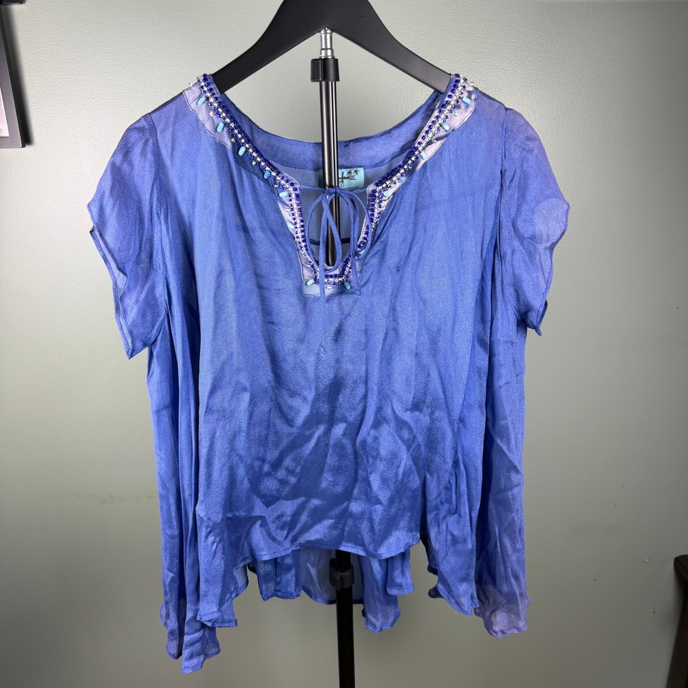 Letarte Boho Y2K Coastal Women Flutter Sleeve Top Blue Silk
